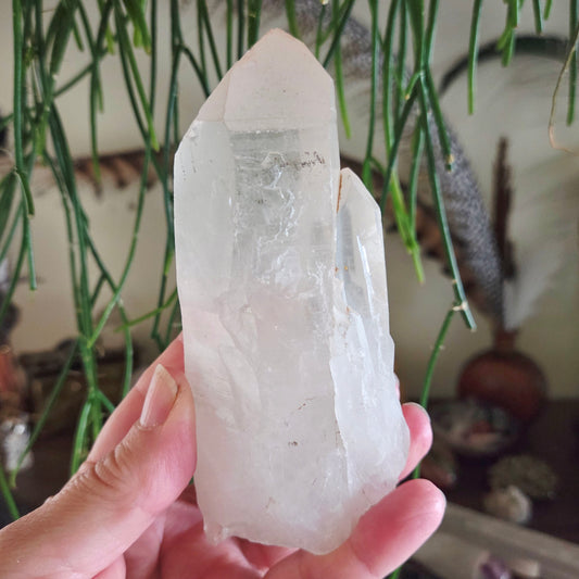 A person holding a clear quartz crystal point, with the crystal displaying natural inclusions and a clear, glass-like appearance.