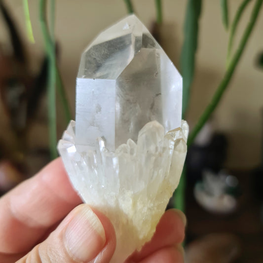 clear quartz point held in a hand