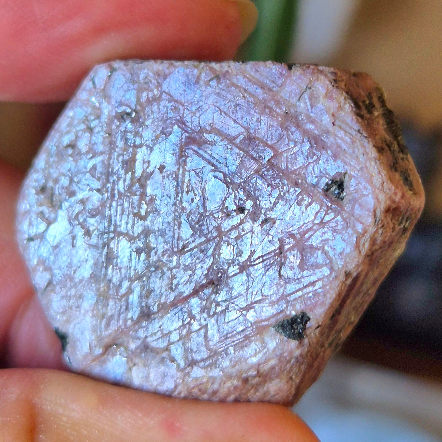 A close-up image of a triangular corundum ruby crystal with visible record keeper markings.