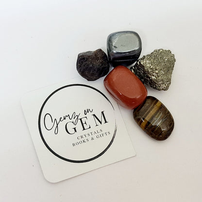A collection of various colored gemstones and crystals displayed on a card with 'Gemz on Gem' branding.