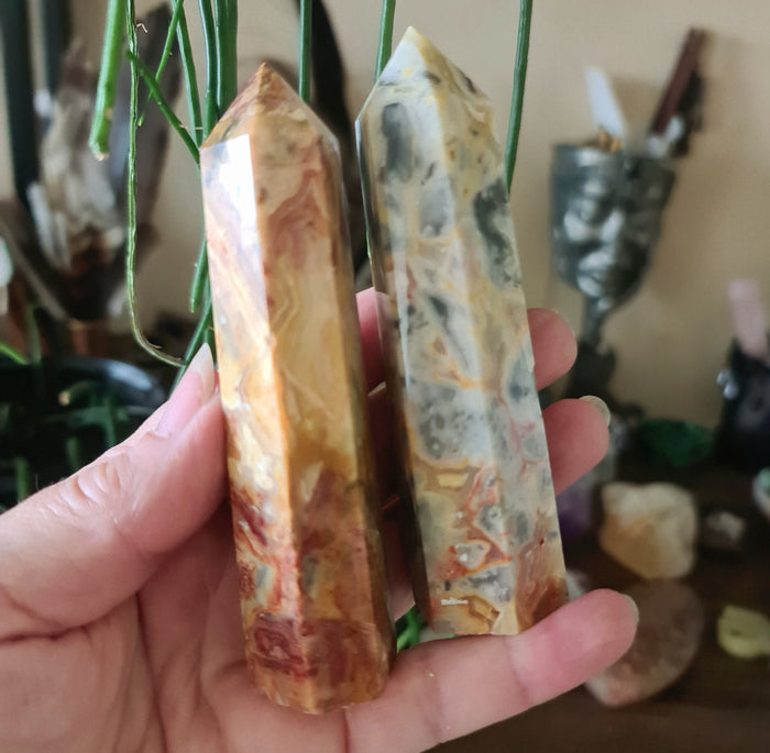 Two polished Crazy Lace Agate points on a wooden surface, held between fingers, with a collection of crystals and stones in the background.