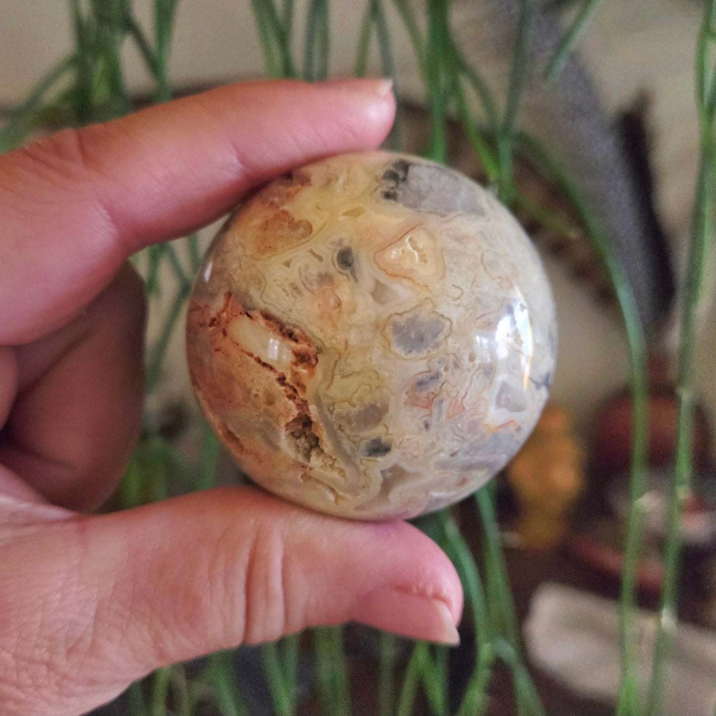 A hand holding a polished Crazy Lace Agate sphere with a beige and gray pattern.
