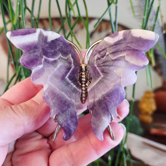 Butterfly-shaped amethyst crystal held in a hand with a blurred plant background