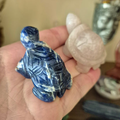 Two figurines, one resembling a turtle with a blue and white shell, and the other, a abstract figure, also in blue and white. Both are held in a person's hand.