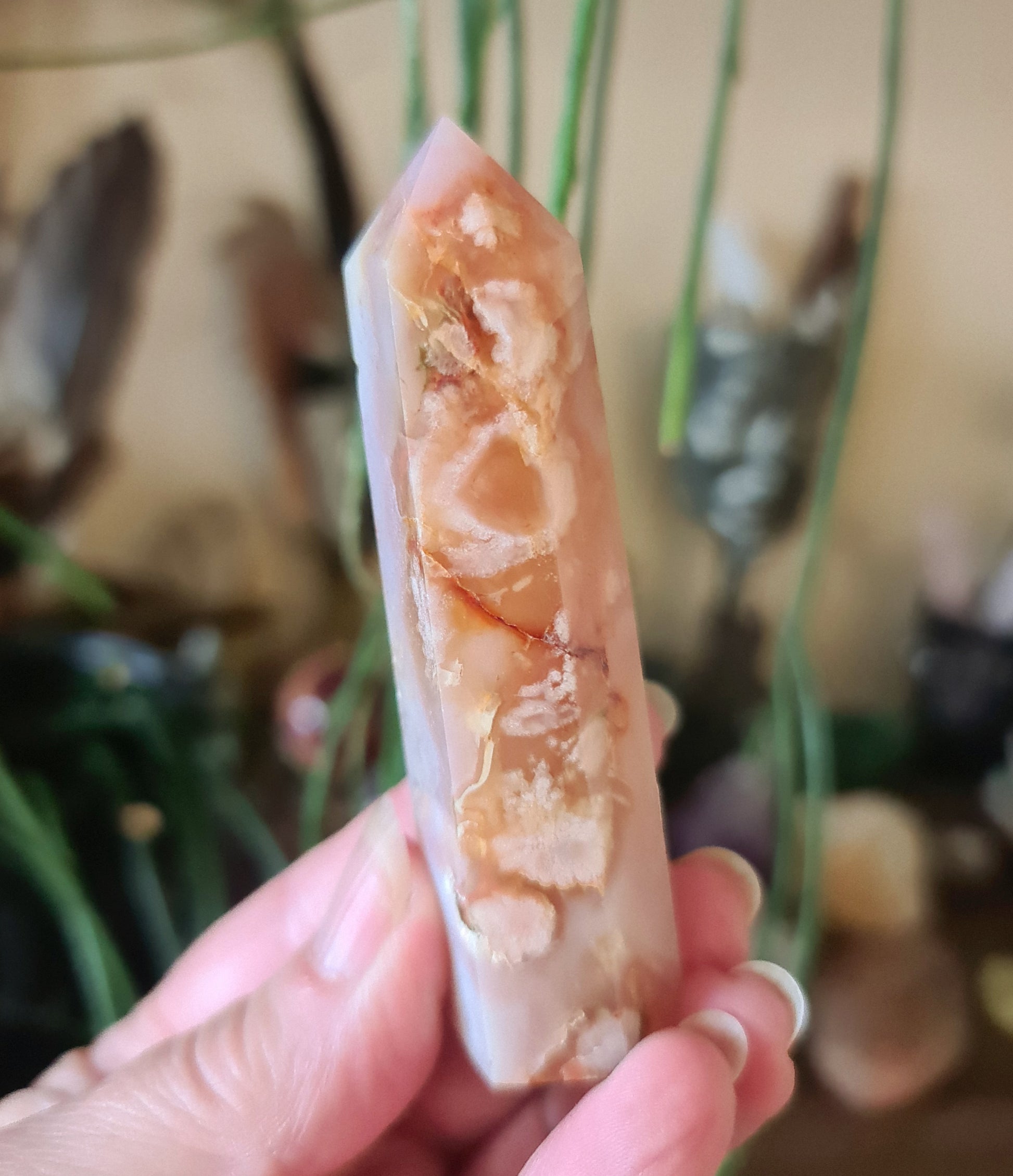 A close-up of a polished Flower Agate Point crystal held in a person's hand, with a blurred background of plants and other decorative items.
