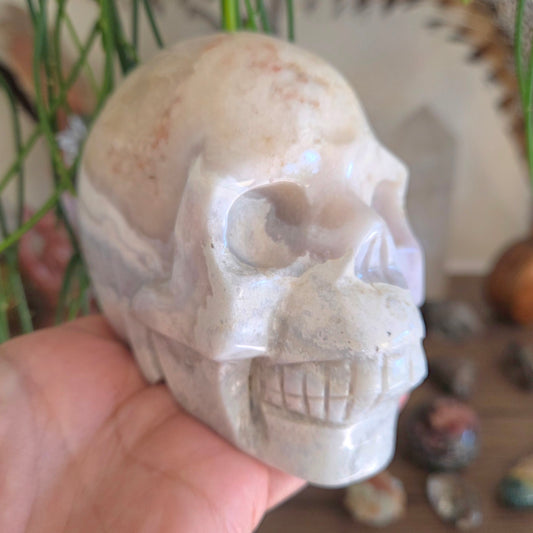 Hand holding a stone skull with natural background