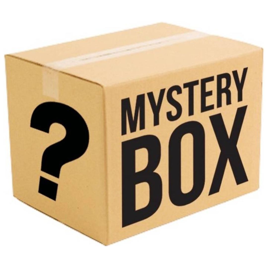 A cardboard mystery box labeled with 'Mystery Box' and a question mark symbolizing不确定性.