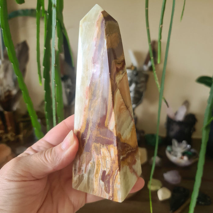 A medium-sized green onyx crystal tower held in a person's hand, with a background suggesting a natural or outdoor setting.