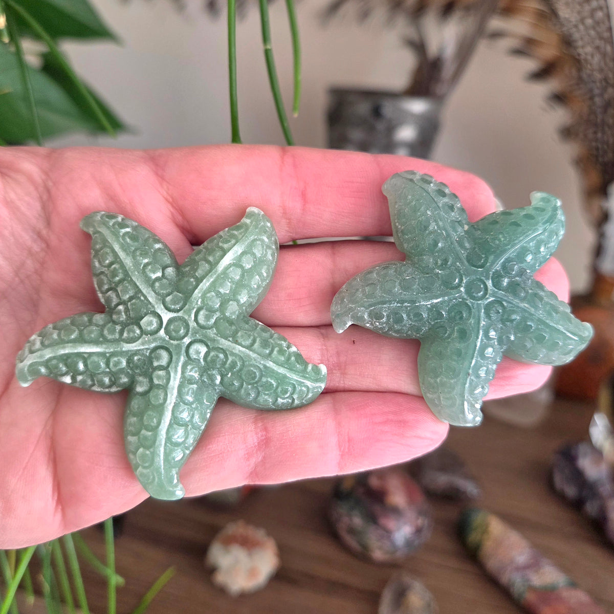 Two light green starfish-shaped jewelry pieces held in a person's hand, with a blurred natural background containing plants and shells.