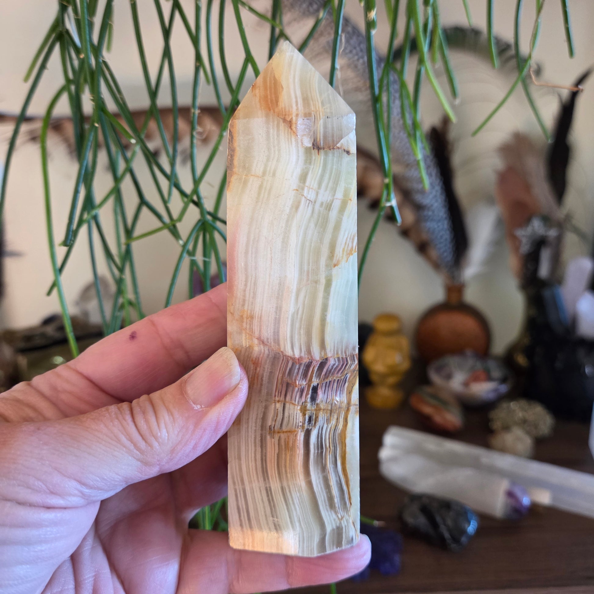 A hand holding a green onyx tower-shaped crystal with layered patterns, displayed in front of a variety of items on a shelf.