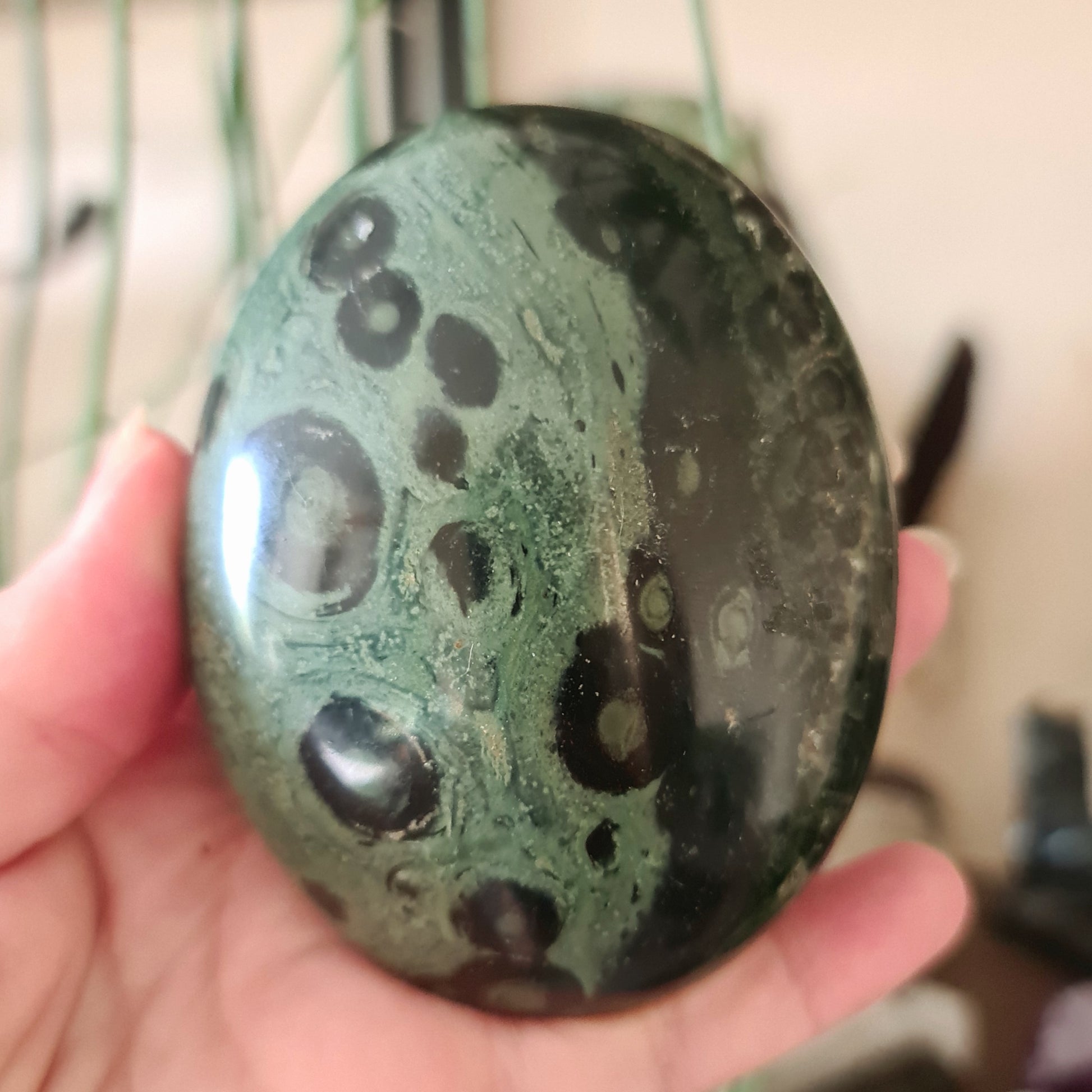 A hand holding a Kambaba Jasper Palm stone, with a green color and patterns typical of the mineral.
