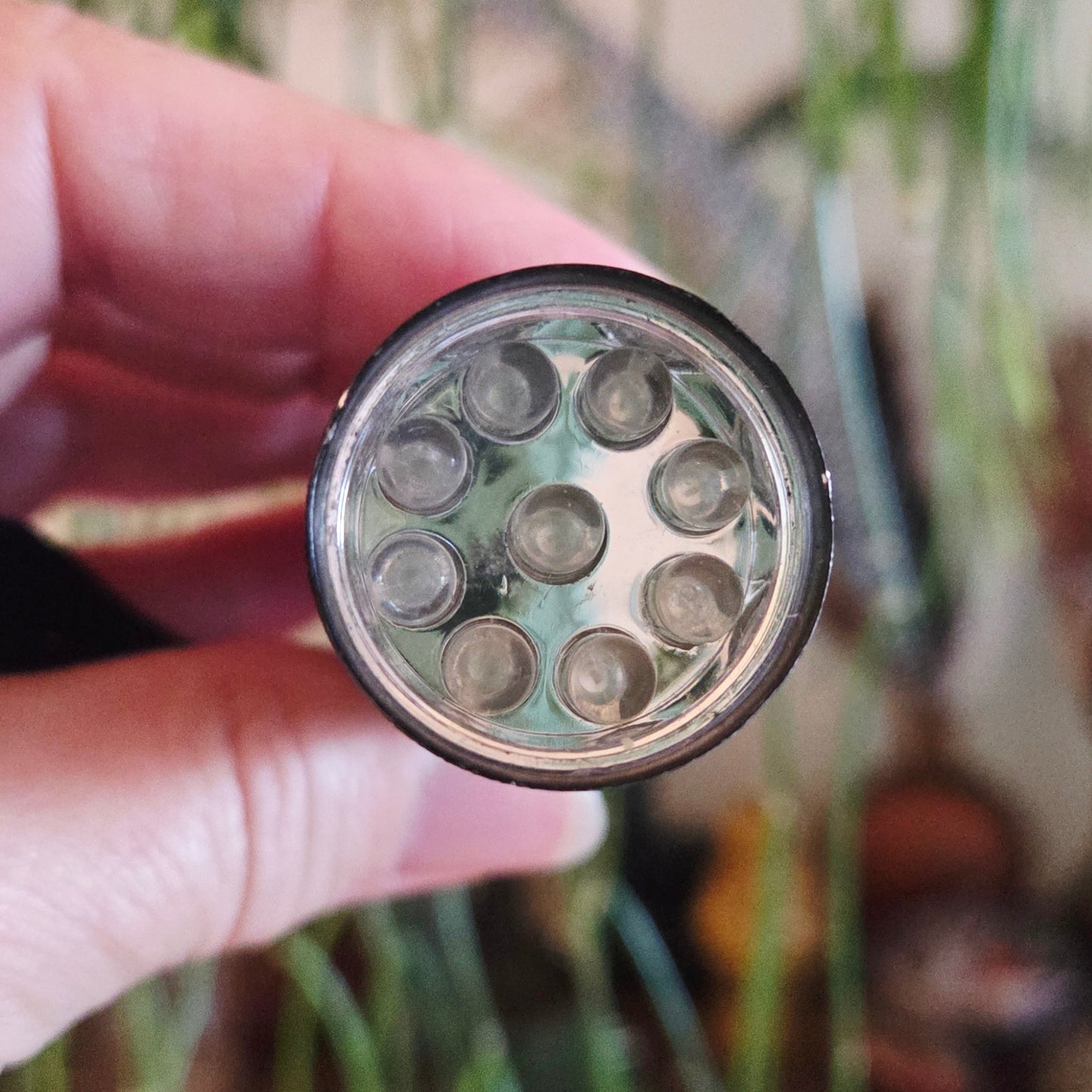 Close-up of a round LED light held by a hand with a blurred natural background