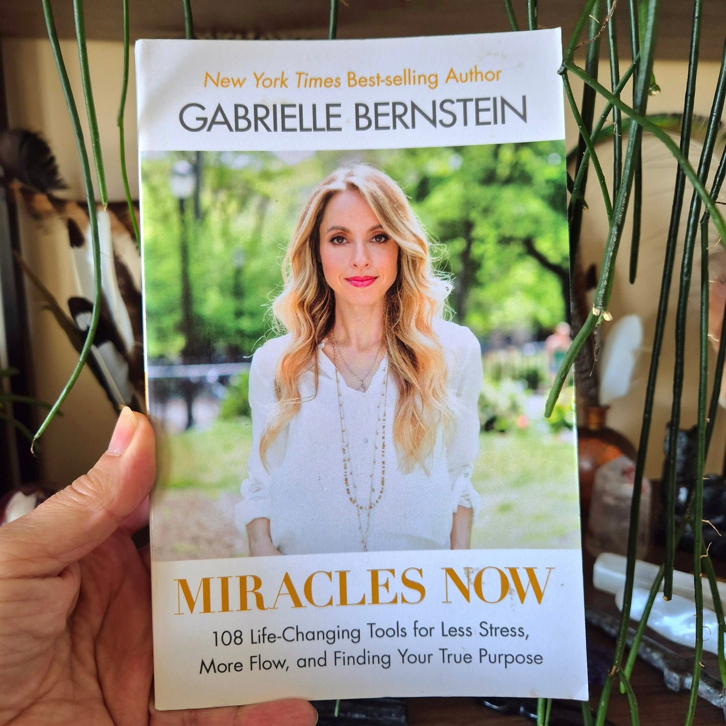 This image features the cover of the book titled "Miracles Now" by Gabrielle Bernstein. The cover shows a photograph of Gabrielle Bernstein, a well-known author and speaker, in a serene outdoor setting.