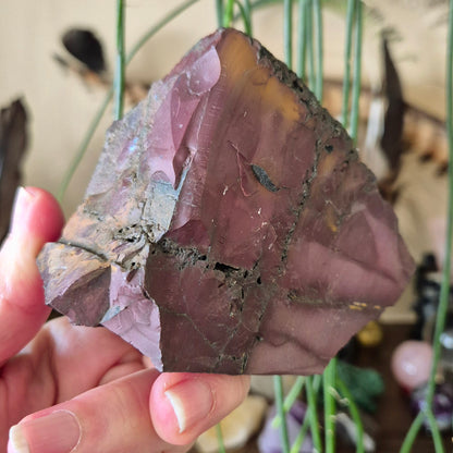 A polished Mookaite Jasper Chunk held in a person's hand, with a reddish-purple color and natural patterns.