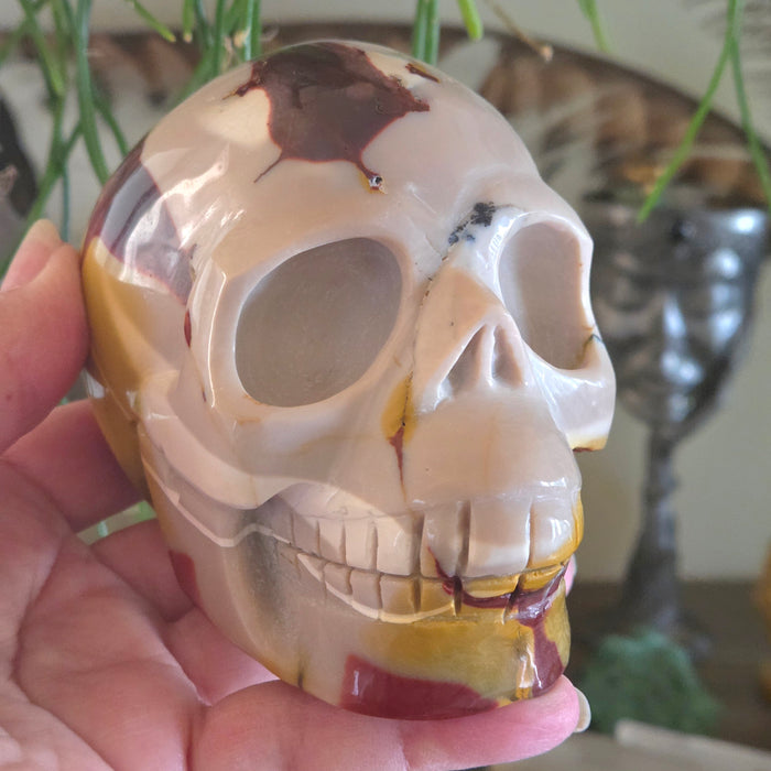 Hand holding a decorative skull with a blurred background