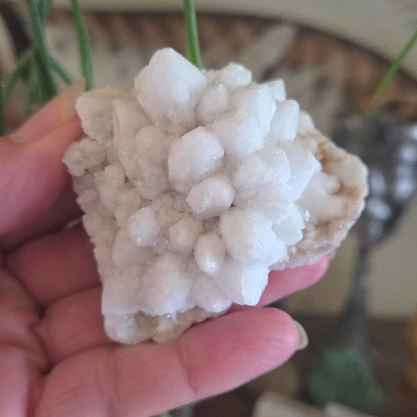 Hand holding a white crystal rock with a blurred background
