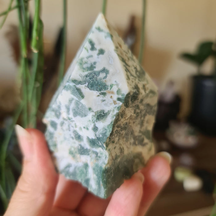 A polished point of Moss Agate with green and white coloring, held in a person's hand.