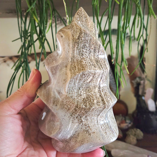 A hand holding a polished Ocean Jasper stone with a visible flame-like pattern.