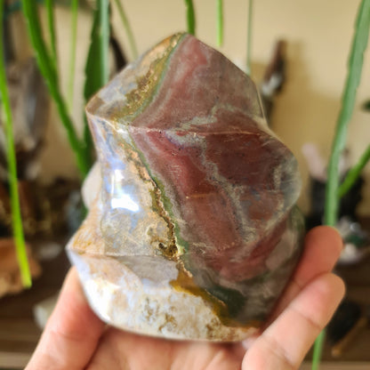 A polished Ocean Jasper crystal with red and green colors, held in a person's hand.