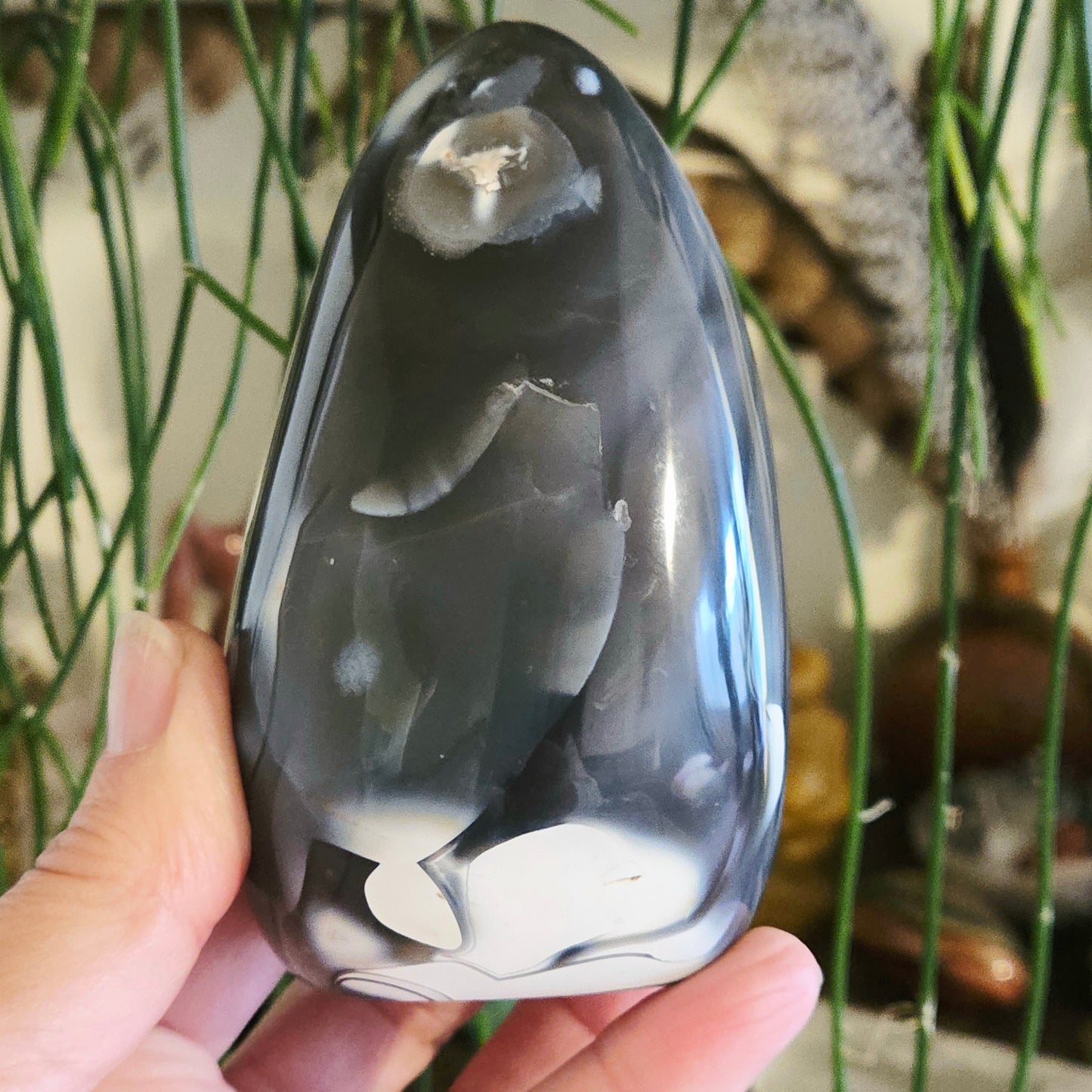 A freeform-shaped Orca Agate stone held in a person's hand, with a smooth, glossy surface and predominantly gray color with white patterns.