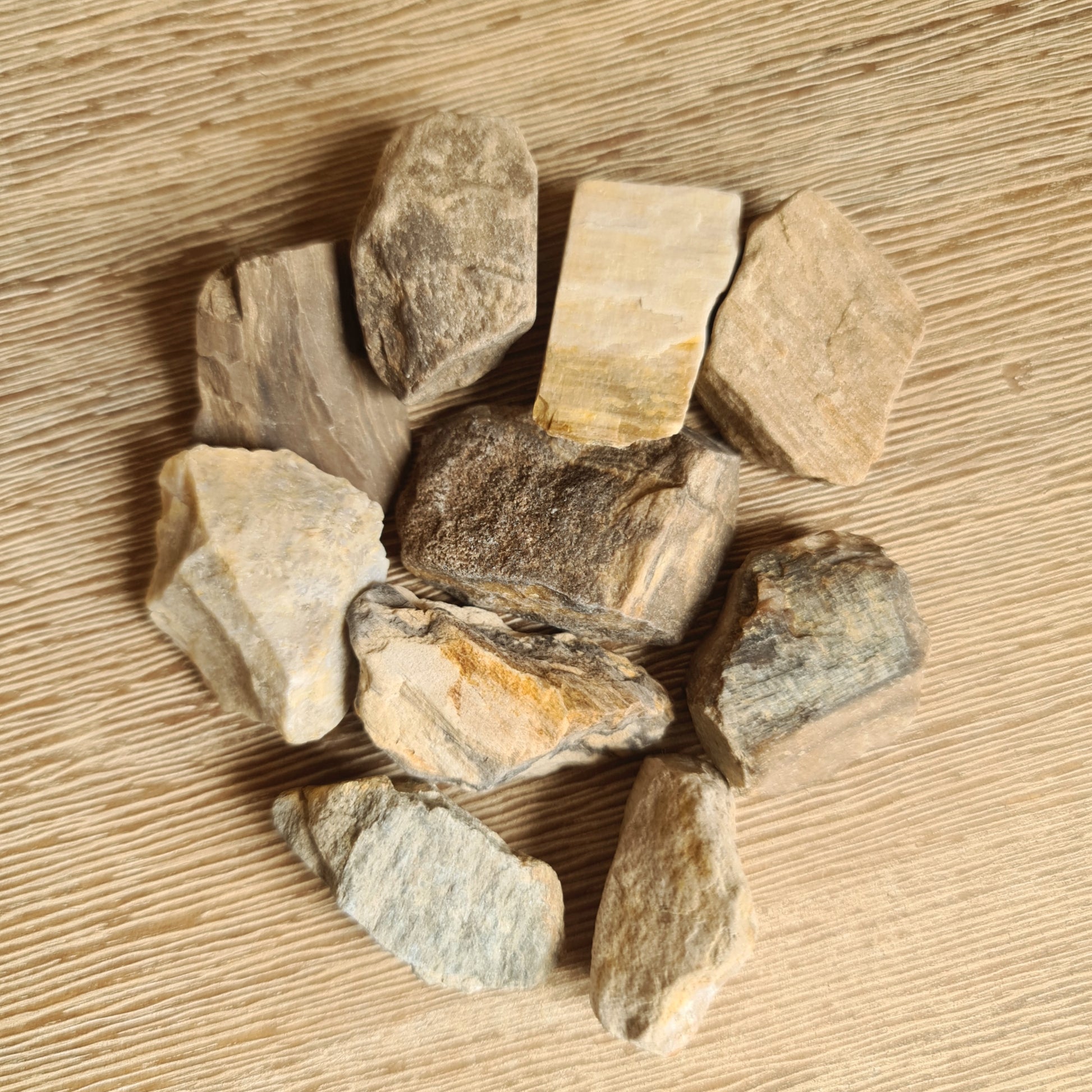 A collection of raw, irregularly shaped petrified wood pieces on a wooden surface.
