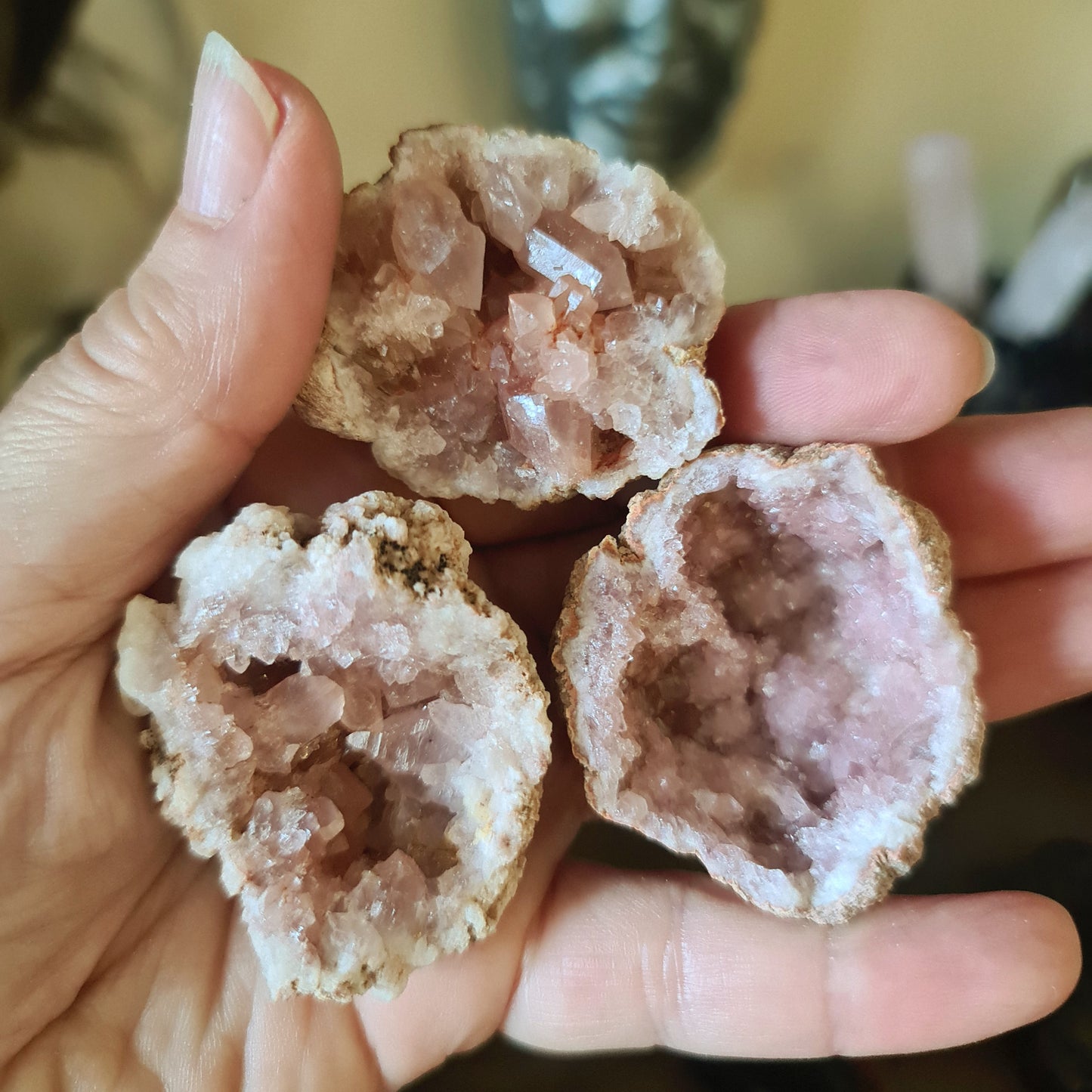 A person holding a pink amethyst geode with a crystalline interior visible.