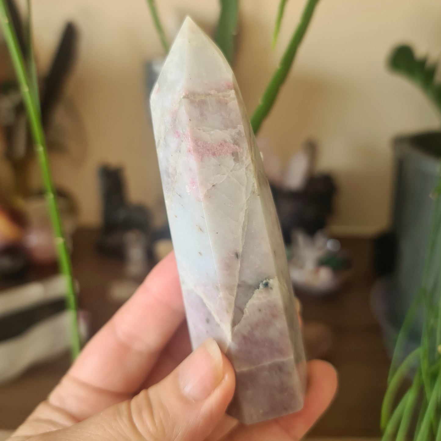 A hand holding a pink tourmaline crystal with a rough, natural finish.