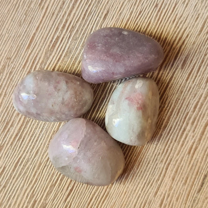 Several polished pink tourmaline tumbles on a wooden surface.