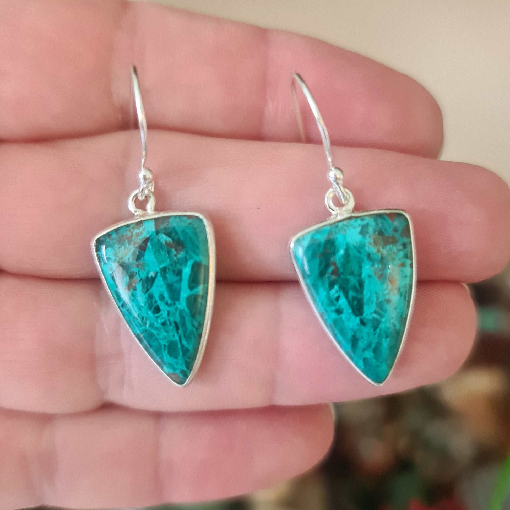 blue green crystal earrings set in sterling silver