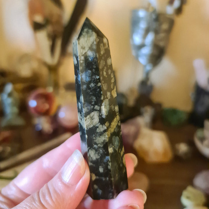 A hand holding a polished Que Sera stone with a variety of minerals visible