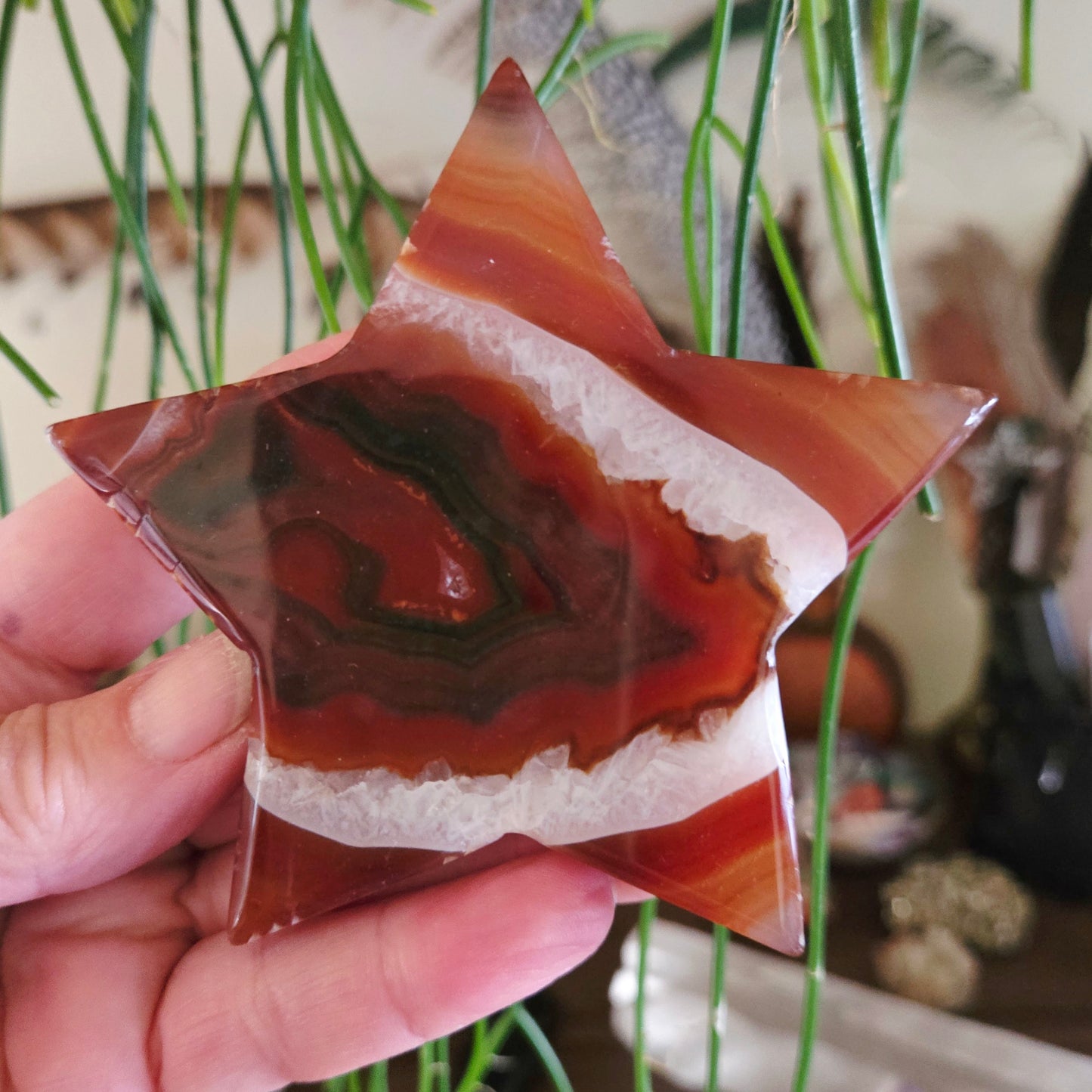 A polished red and white agate stone shaped like a star, held in a person's hand.