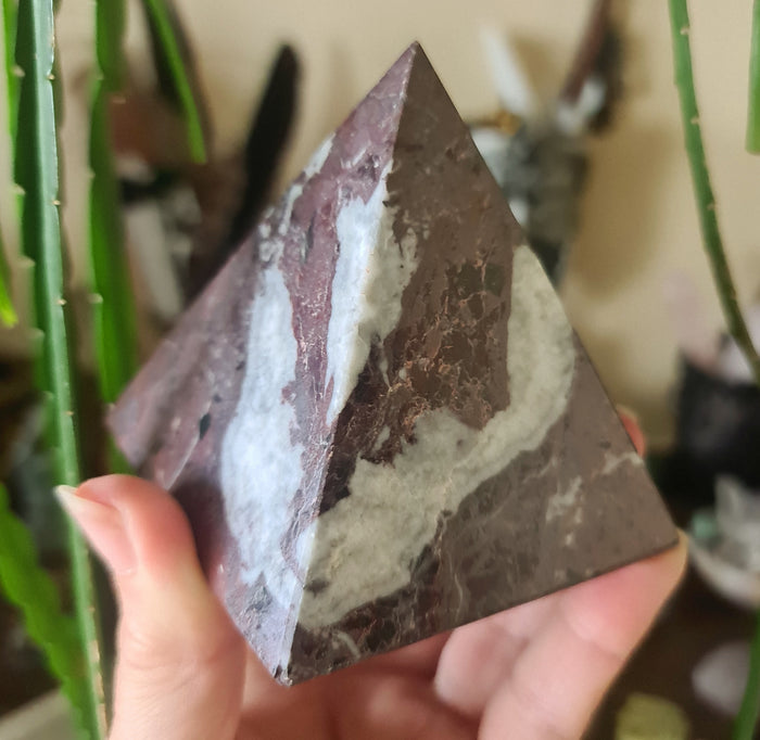 A polished red onyx crystal pyramid held in a person's hand, with a plant in the background.