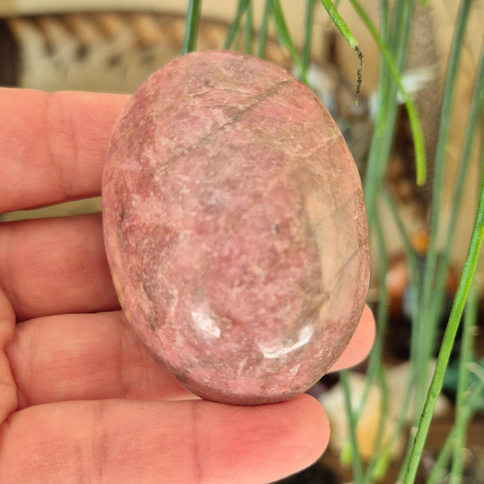 A hand holding a polished rhodonite palm stone with a pink and brown color pattern.