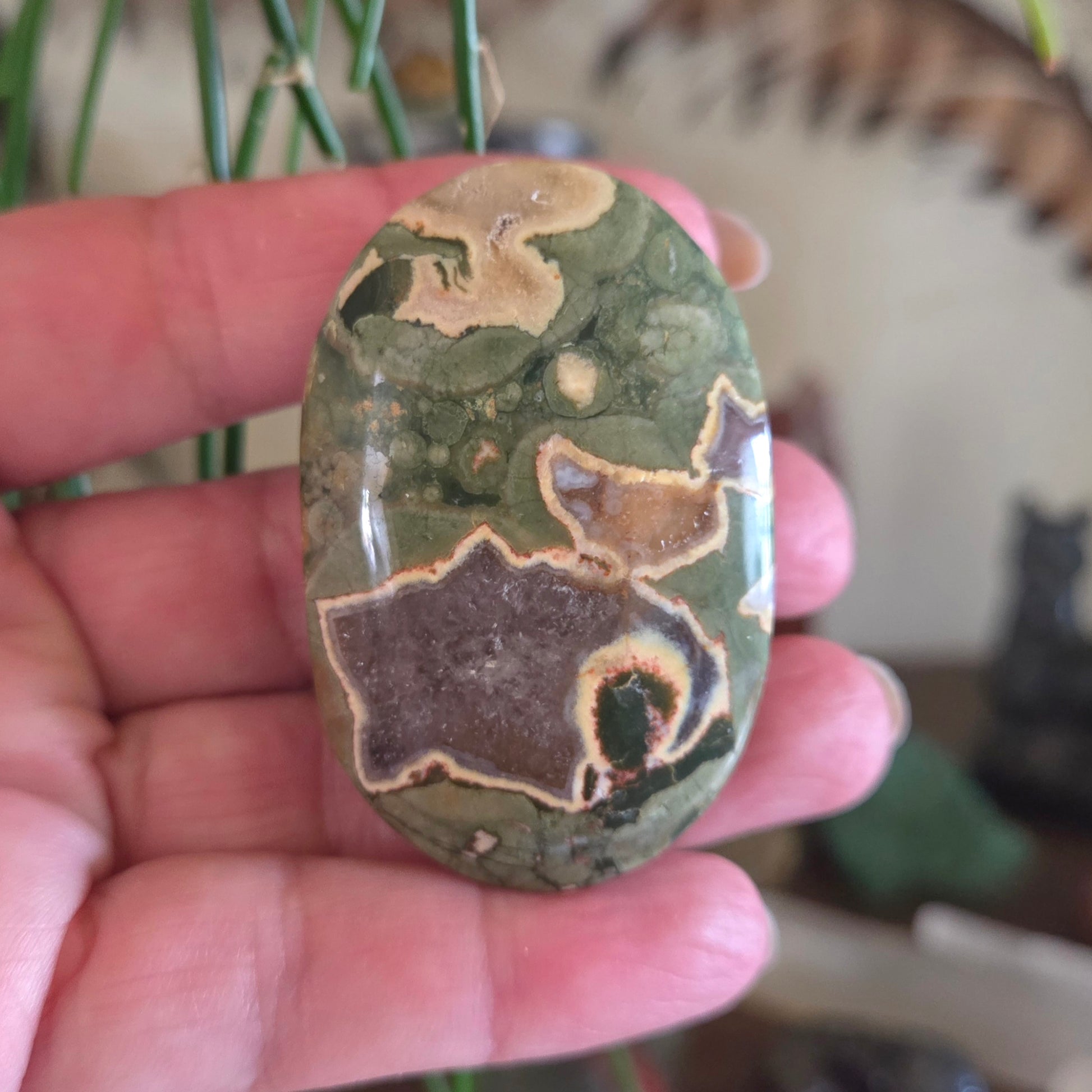 Hand holding a green and brown patterned stone with blurred background