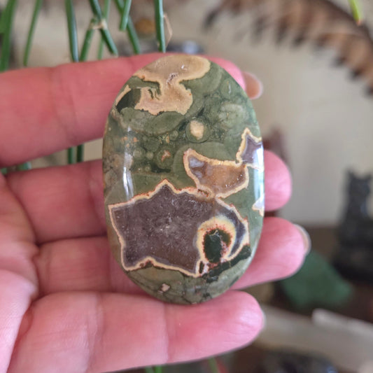 Hand holding a green and brown patterned stone with blurred background