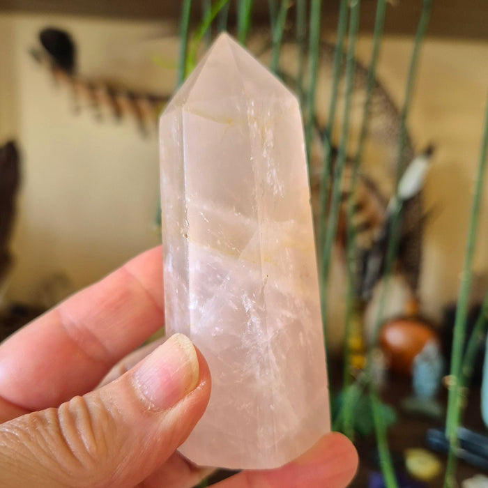 A hand holding a rose quartz point crystal, with a blurred background featuring a bird and various decorative items.