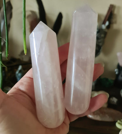 Two polished pink rose quartz wands held in a person's hand, with a blurred background suggesting a crystal store or workshop setting.