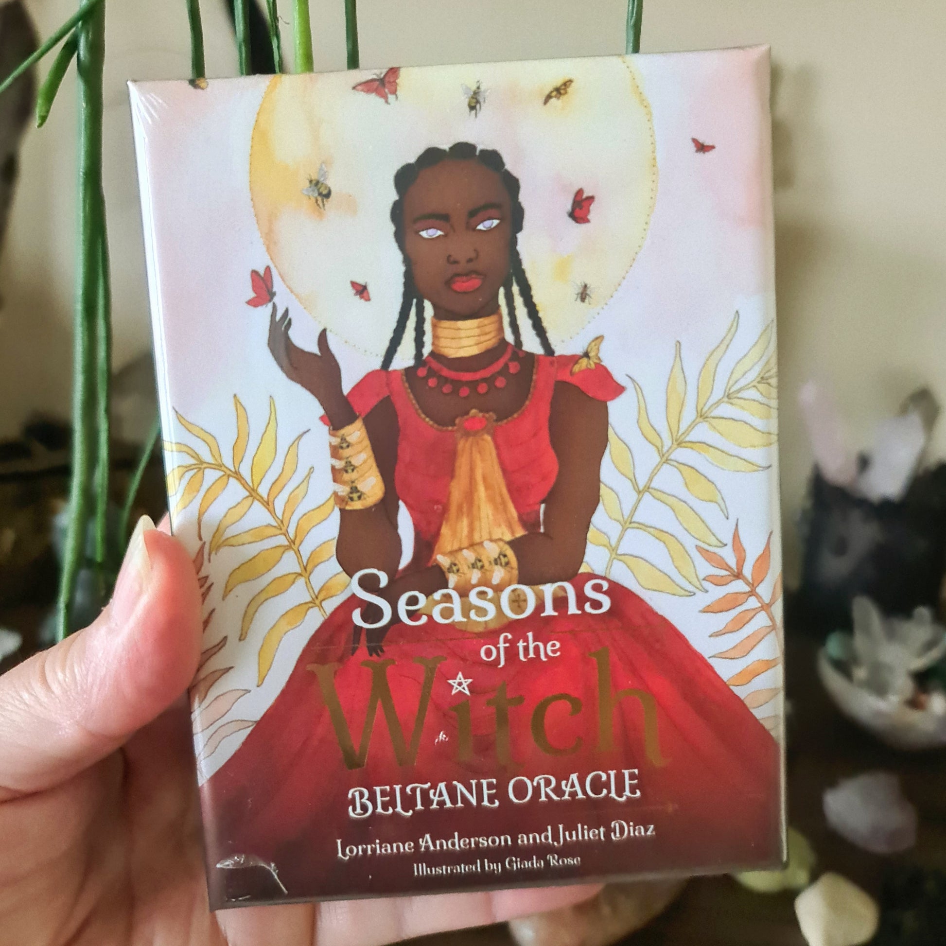 A hand is holding a book titled 'Seasons of the Witch - Beltane Oracle' by Lornie Anderson and Juliet Diaz. The cover features an illustration of a woman in a red dress with a golden headpiece, surrounded by green leaves and a crescent moon.