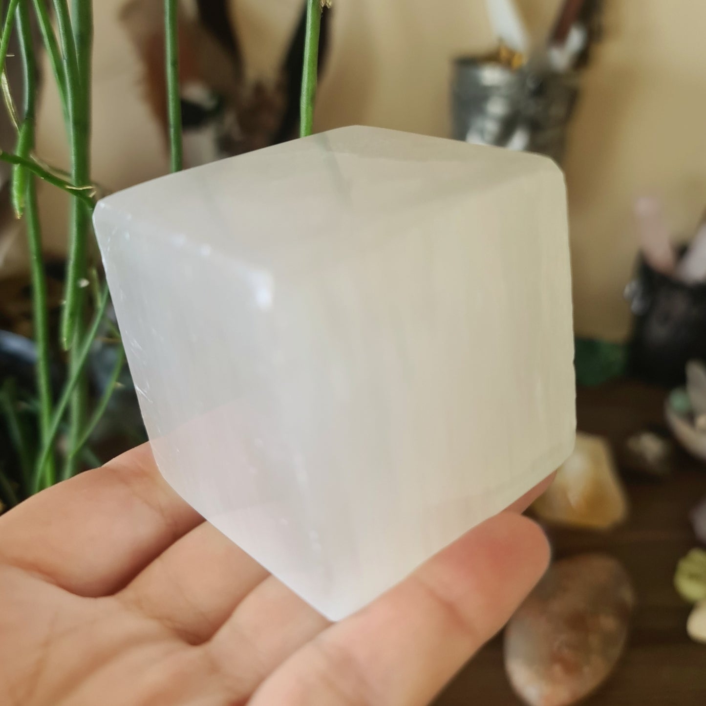 A person holding a small white selenite crystal cube.