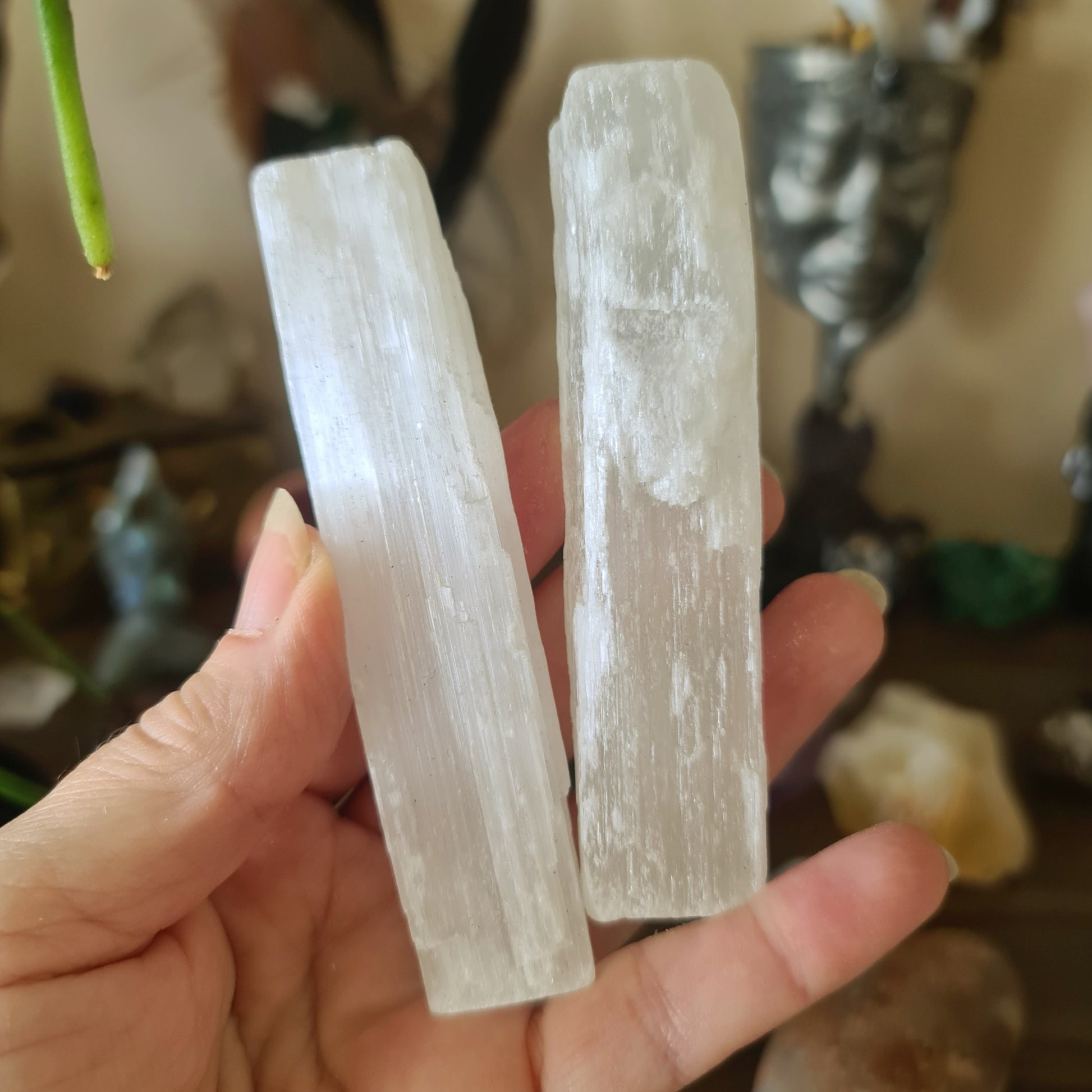 Two white selenite crystal wands being held, with a variety of crystal figures and artifacts in the background.
