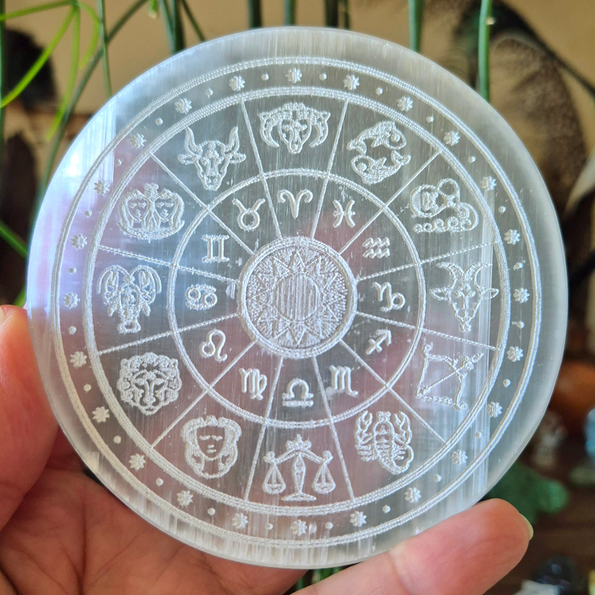selenite charging plate with zodiac inscriptions