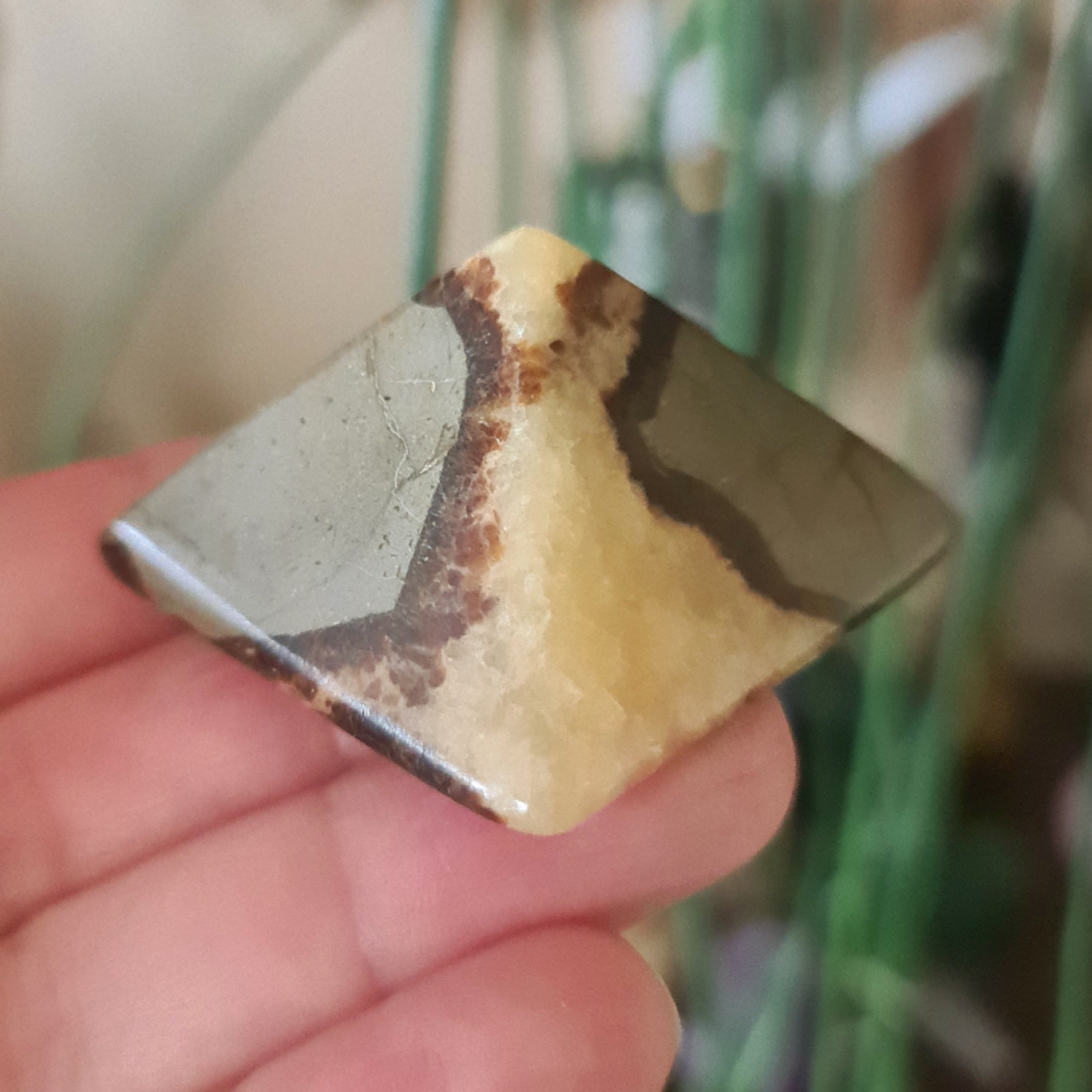 A hand holding a polished Septarian Pyramid stone with a marbled brown and white pattern.