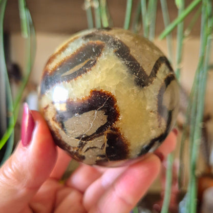 Septarian Sphere a yellow and brown crystal