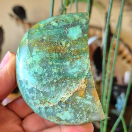 A hand holding a polished green serpentine stone with a natural edge, displaying a marbled pattern.