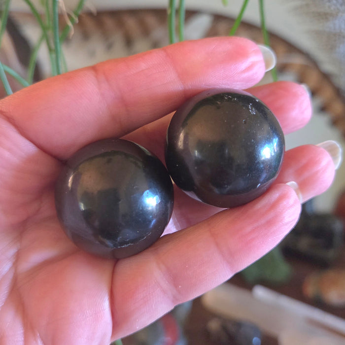 Hand holding two dark-colored stones with a blurred background