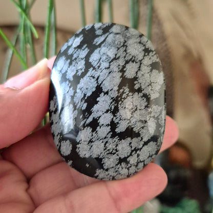 A close-up image of a polished Snowflake Obsidian Palm Stone held in a person's hand.