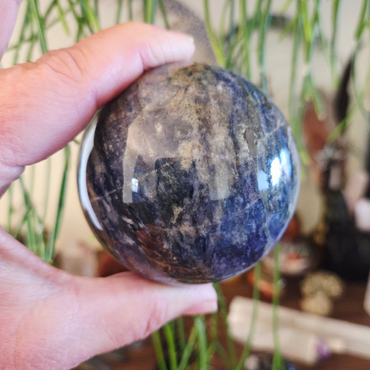 A hand holding a polished sodalite sphere with a blurred background.