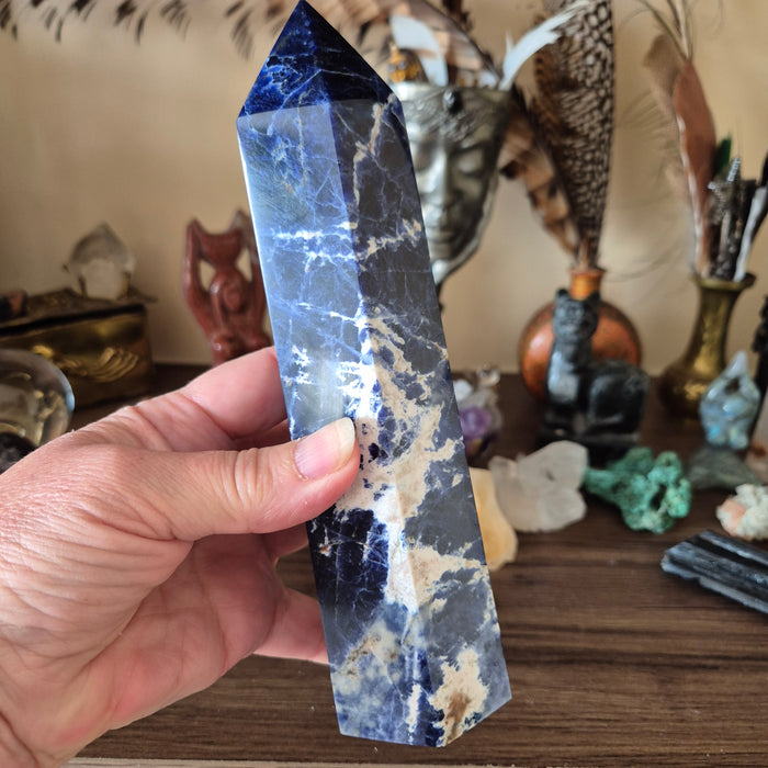 A sodalite tower crystal with a blue and white marbled pattern, held in a person's hand.