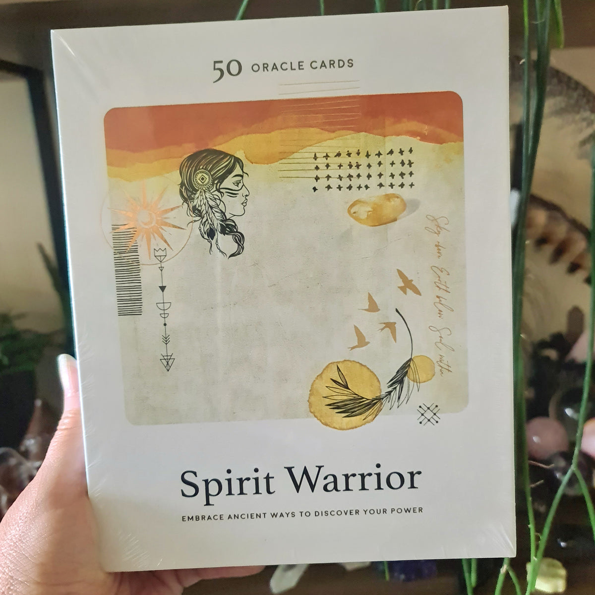 A hand holding a book cover of 'Spirit Warrior Oracle Cards' featuring an illustration of a woman with a spirit animal, sun and moon symbols, and a golden orb.