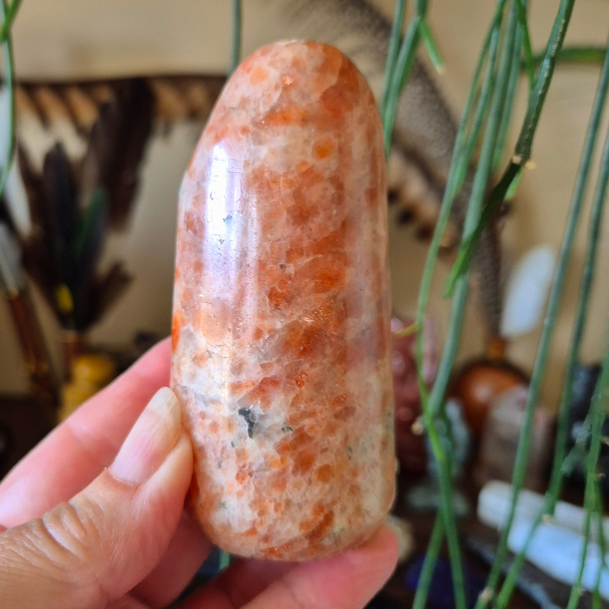 A hand holding a polished sunstone freeform with a glossy surface.